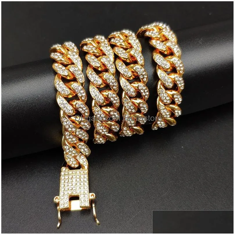 12mm cuban link chain necklace bracelet jewelry set 18k real gold plated stainless steel miami necklace with design spring buckle