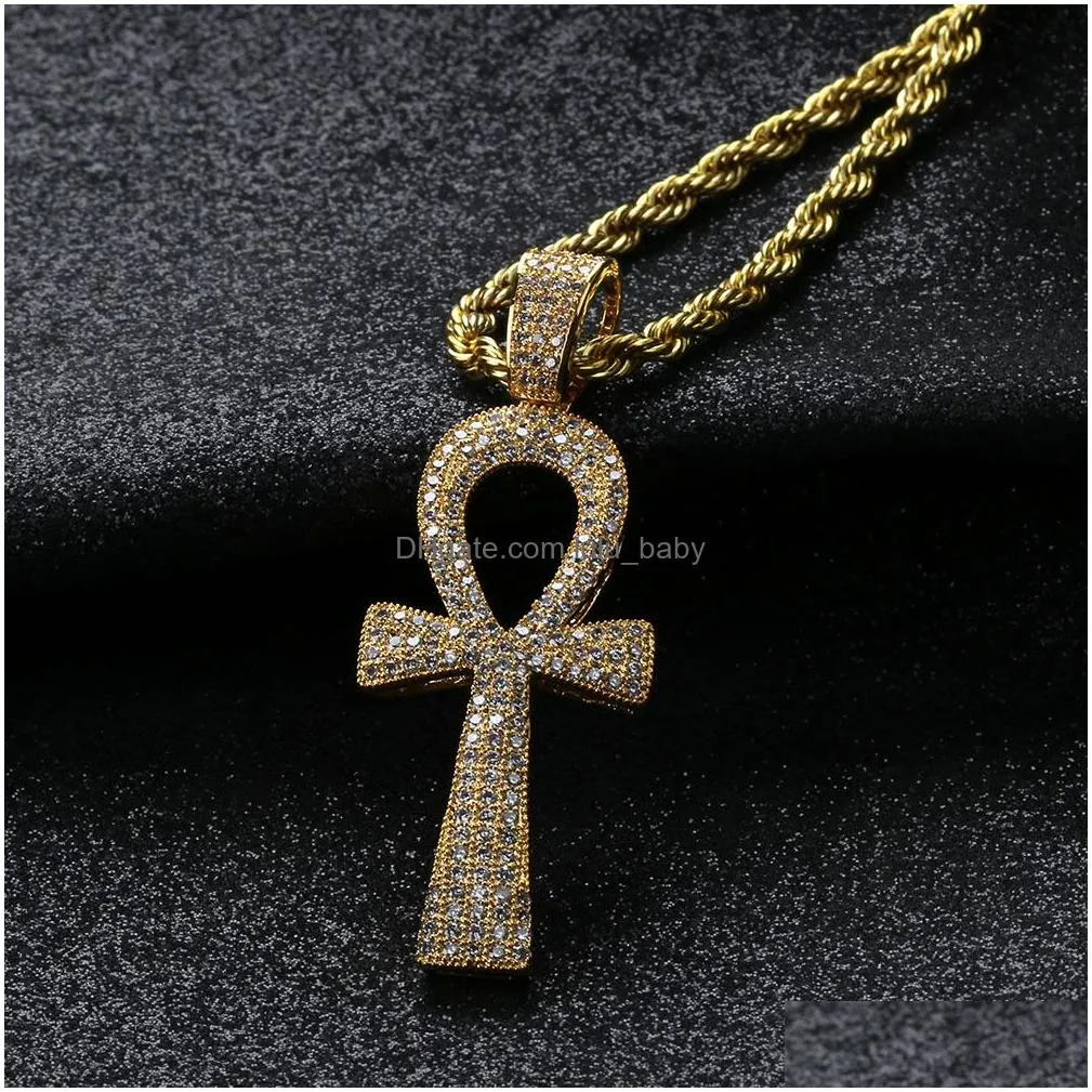 hip hop cross key shape pendants necklace jewelry copper bling diamond stone 18k gold plated jewelry women/men