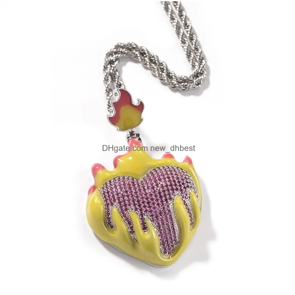 hip hop colorful drip enamel pendant necklace men women couple lover jewelry with full zircon
