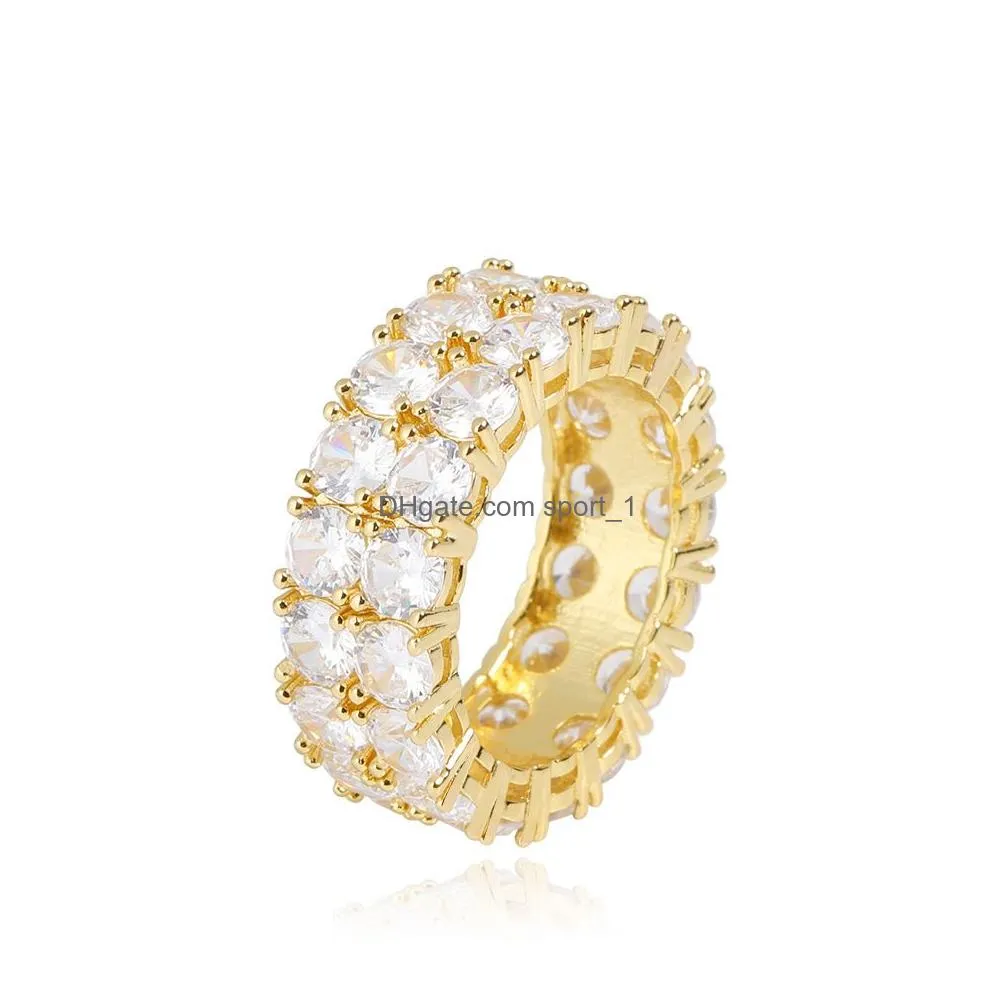 hip hop shiny double layers white zirconia bling ring 18k real gold plated women mens finger ring rap ring