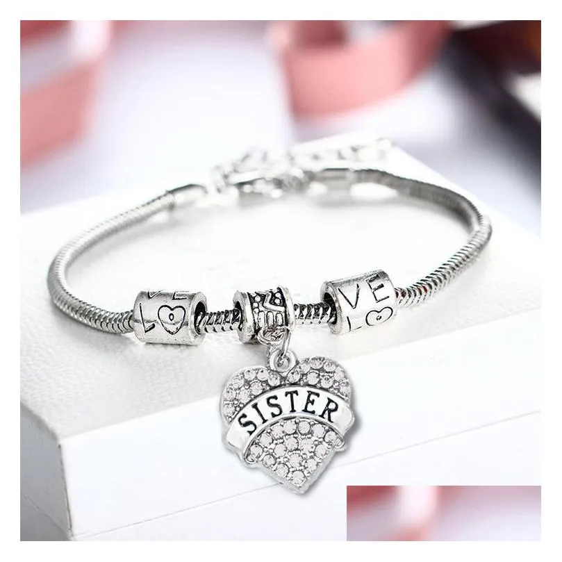 double nose fashion family jewelry heart shape in rhinestone sole sister bracelets for gift