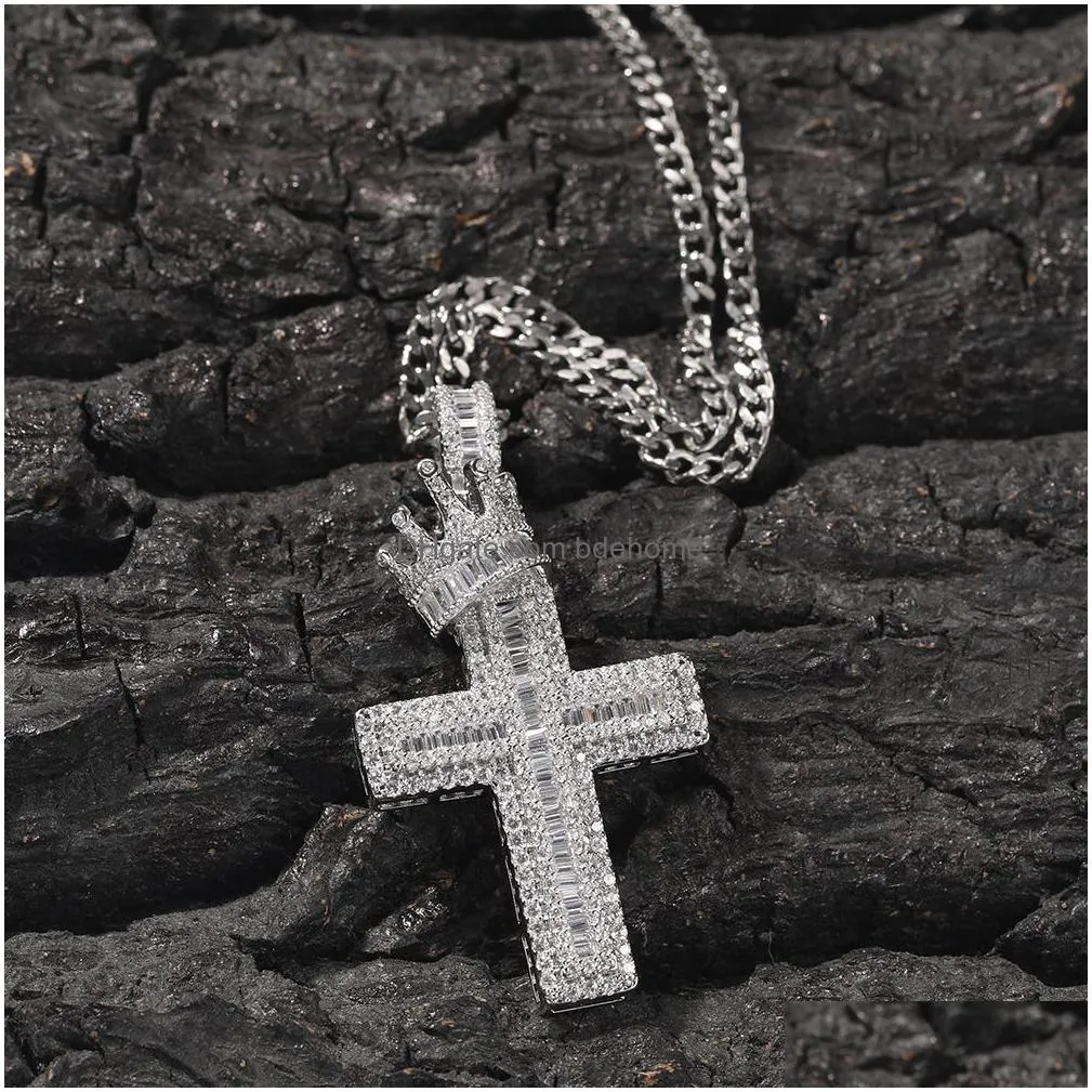 hip hop crown cross pendant necklace bling religious jewelry full cubic zirconia men women gift