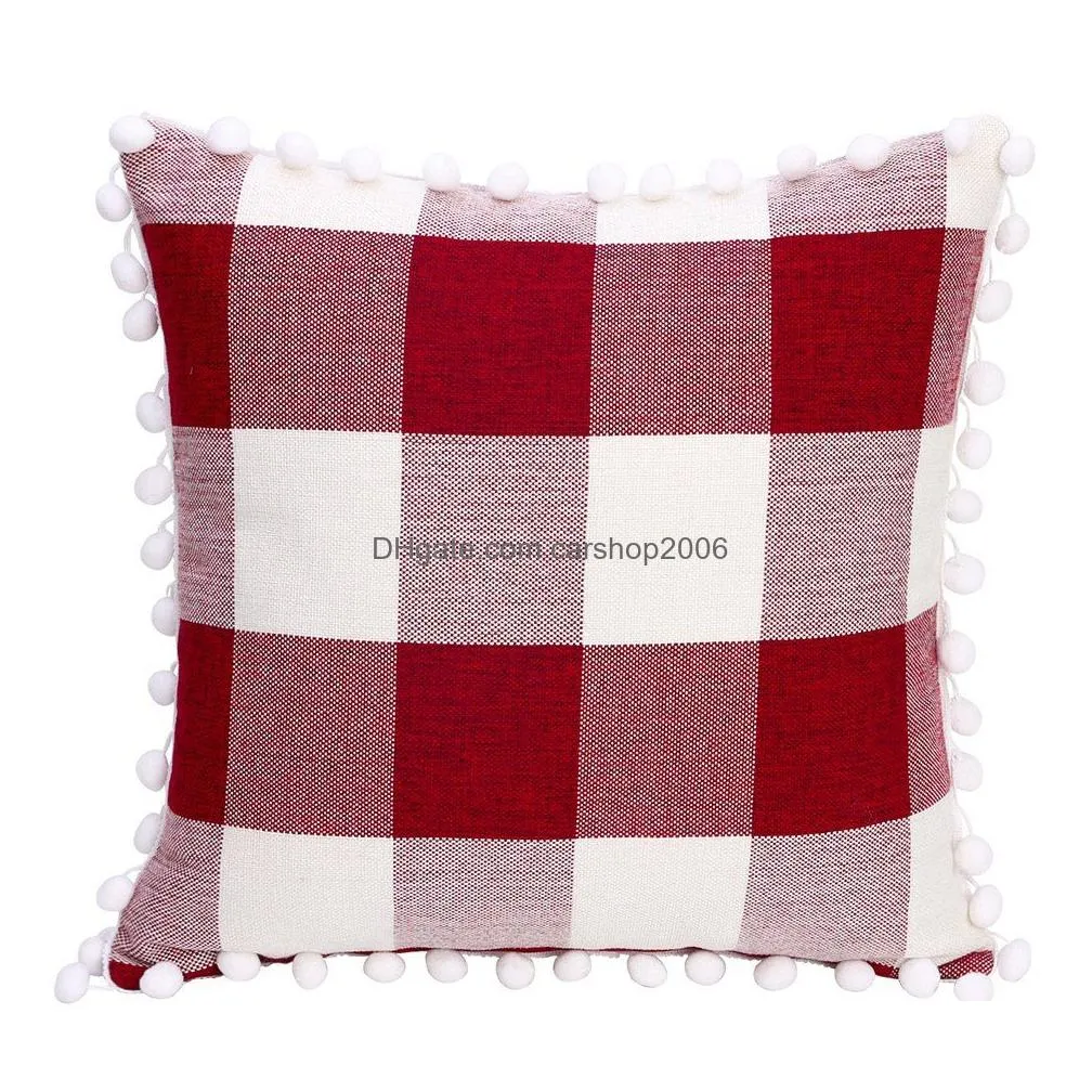 square plaid pillow cover with balls 45x45cm home sofa pillowcase red plaid throw pillow cushion cover pillow case christmas gift dbc