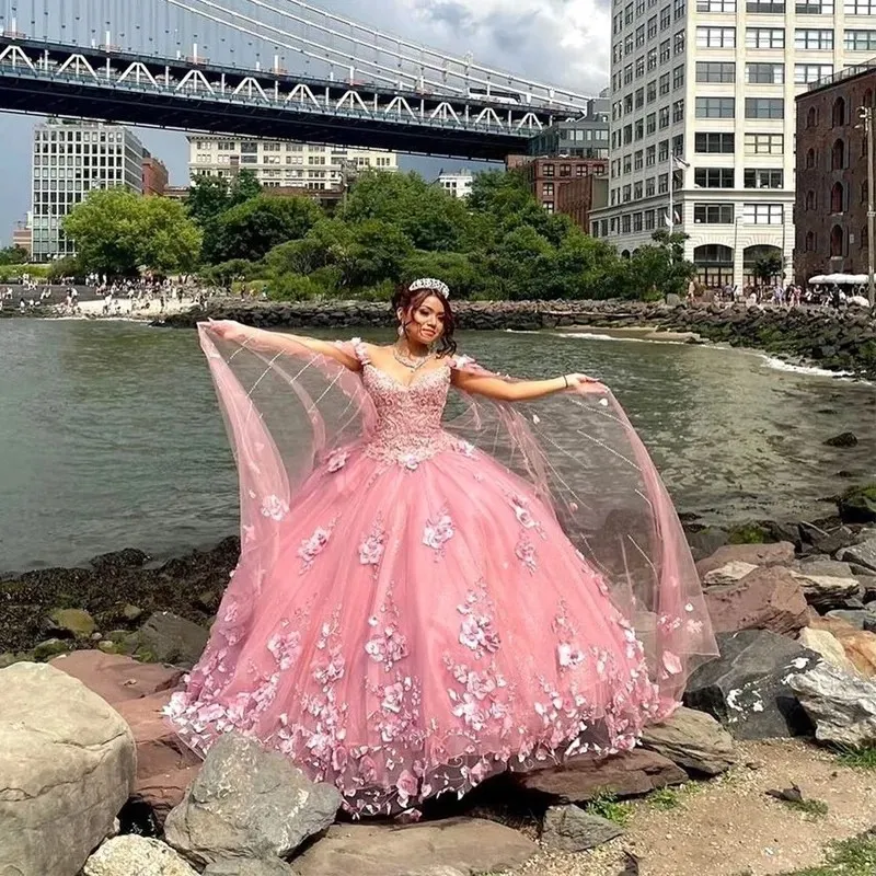 Pincess Pink Quinceanera Dresses Handmade Flowers Lace Appliqued With Long Wrap Tulle Fluffy Prom Party Ball Gown Plus Size Girl Sweet 15 16 Dress Formal Wear CL2402