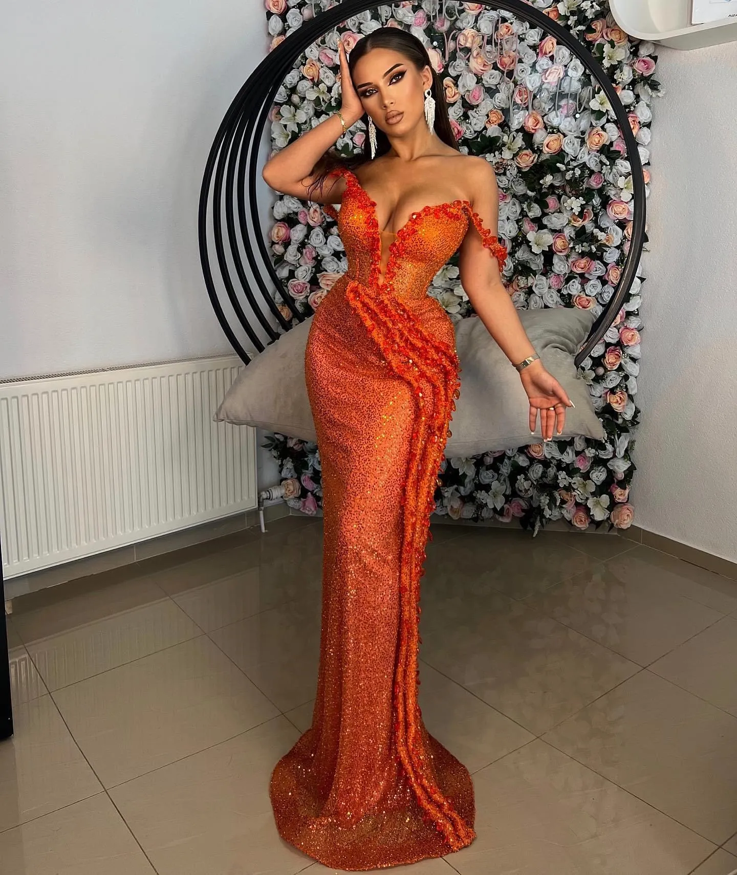 2023 Orange Mermaid Graduation Dress Crystals Sequined Lace Sexy Homecoming Party Formal Cocktail Prom Gowns Dresses ZJ423