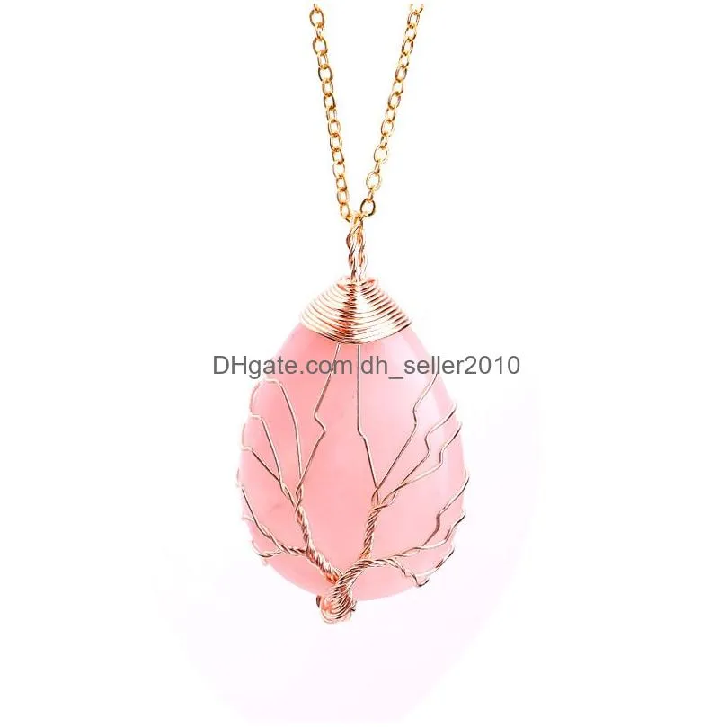 oval natural stone necklace pendant jewelry copper line wrapped tree of life necklaces for women charm jewelry