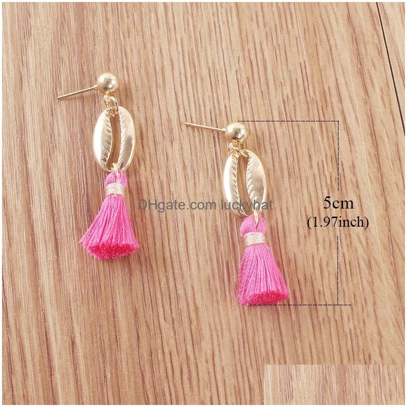 new bohemian shell tassel earrings colorful silk fabric alloy shell shape long drop dangle earring for women jewelry gifts