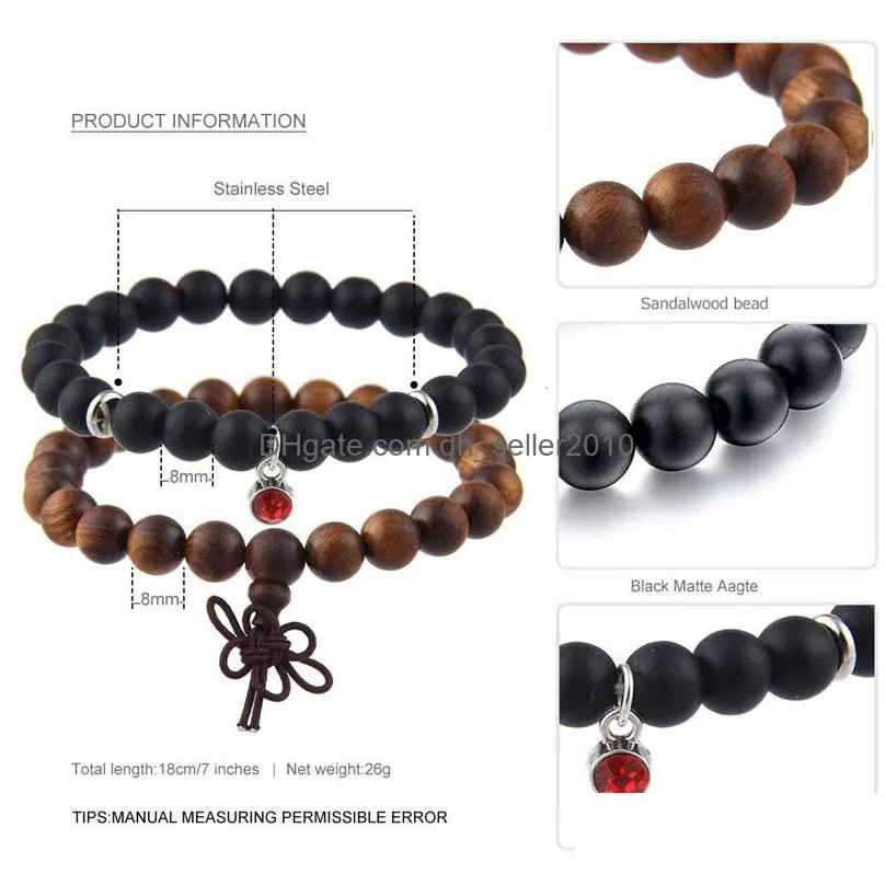 2pcs/set wooden beads bracelet charm birthstone 12 colors crystal pendant stainless steel 8mm black matte stone bracelet for women