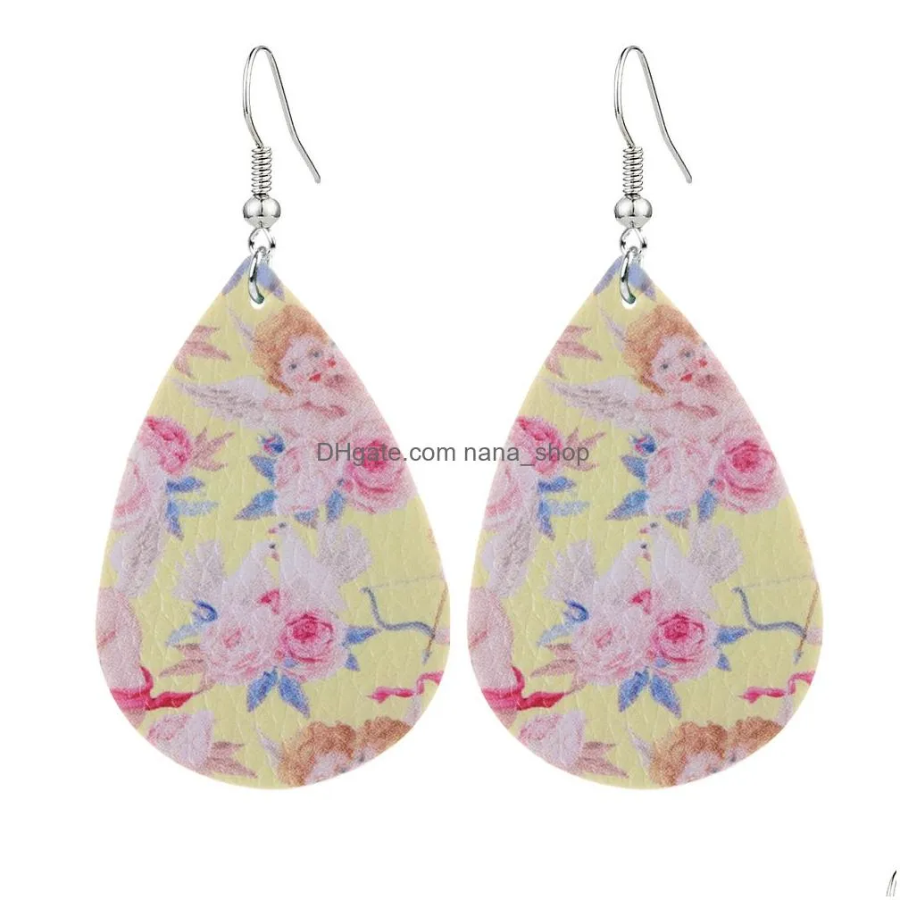 summer flower printed faux leather dangle earring cute animal dog print leather earrings for women