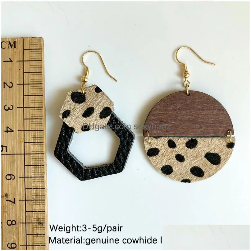 splicing wood genuine leather earrings for women horse hair leopard cow color round pendant dangle earrings fashion jewelry