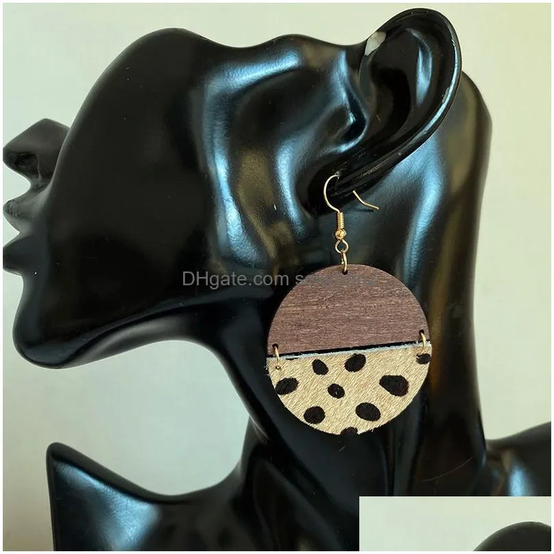 splicing wood genuine leather earrings for women horse hair leopard cow color round pendant dangle earrings fashion jewelry