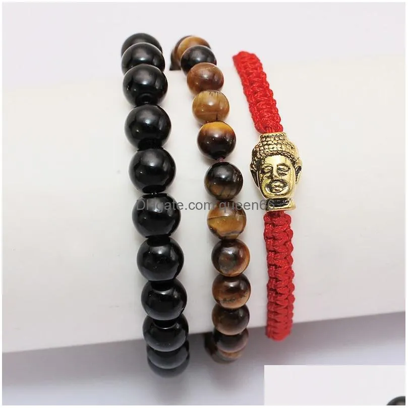 new fashion jewelry 3 piece/set buddha chakra bracelet for women 6mm tigereye 8mm black stone bead charm yoga bracelet wholesaler