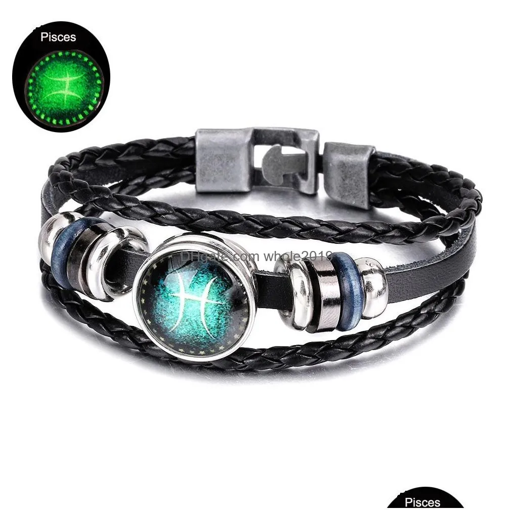 luminous zodiac leather bracelet glowinthedark 12 constellations punk style for men wholesale/dropship