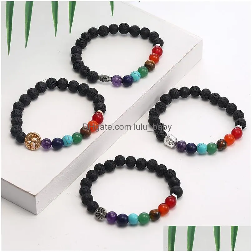 fashion natural black lava stone beads bracelets for men buddha head tree of life charm 7 reiki chakras beaded yoga balance bracelet