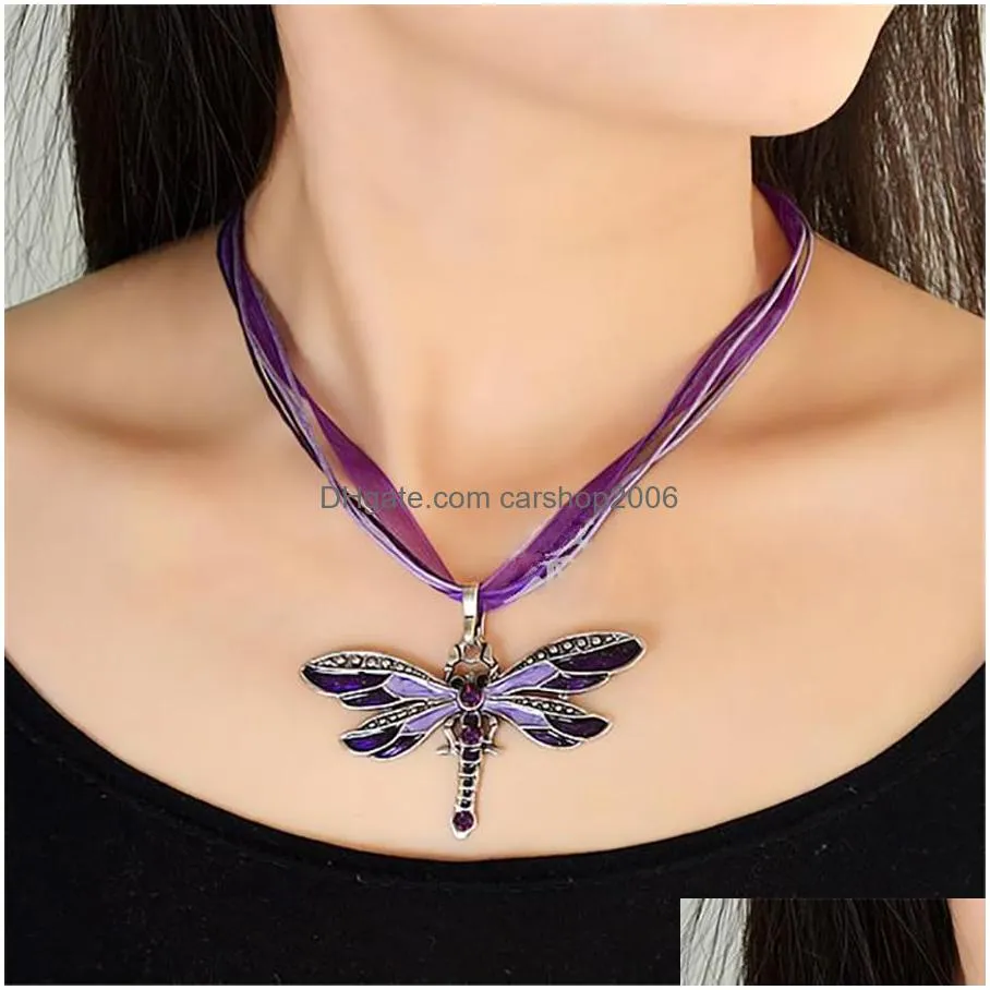 dragonfly pendant necklace vintage ribbon cord purple red green crystal bead jewelry for women girls