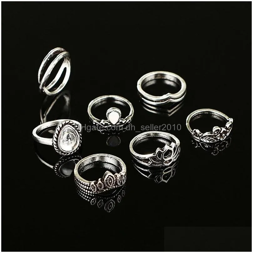 7pcs/set new arrival flower gemstone carved ring set antique silver plated vintage bohemian turkish fashion women accessories