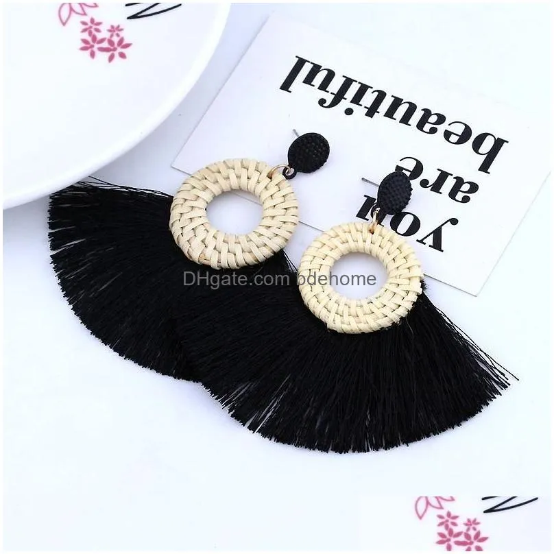 circle fan shaped straw tassel earrings for women straw weave rattan braid tassel earrings dangle earings bohemian jewelry