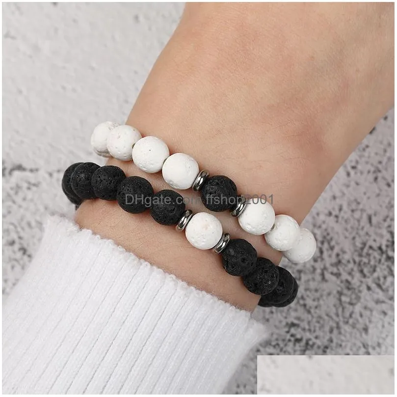 fashion 8mm lava stone beaded bracelets energy healing balance black white beads bracelet for women men adjustable elastic yoga