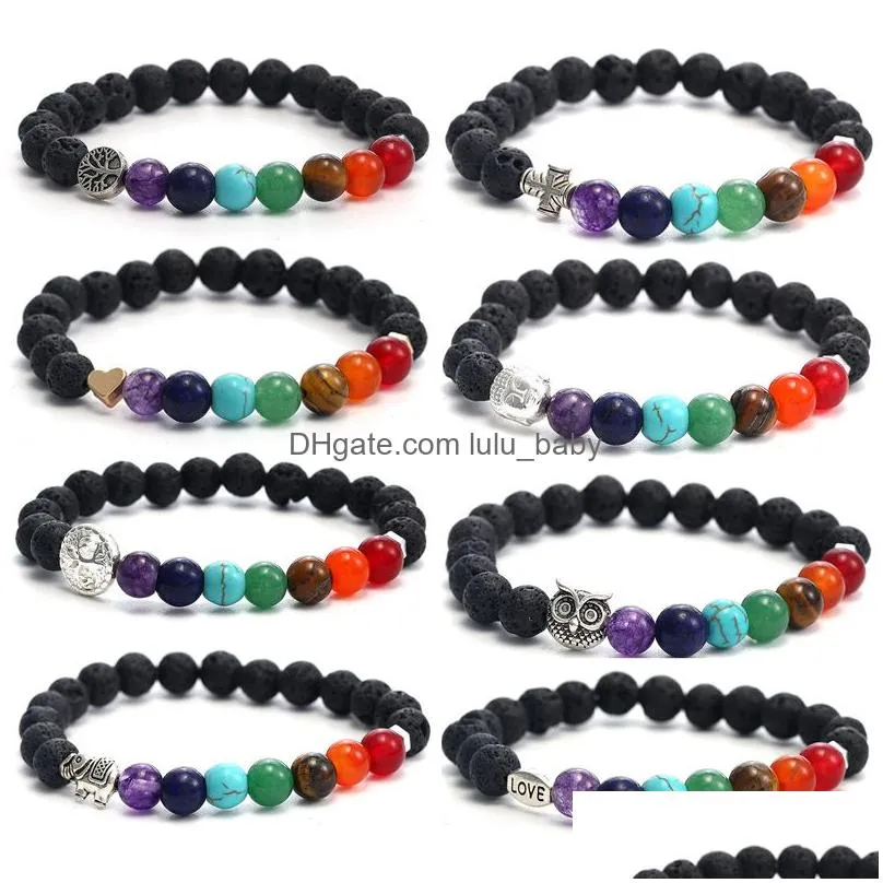 fashion natural black lava stone beads bracelets for men buddha head tree of life charm 7 reiki chakras beaded yoga balance bracelet