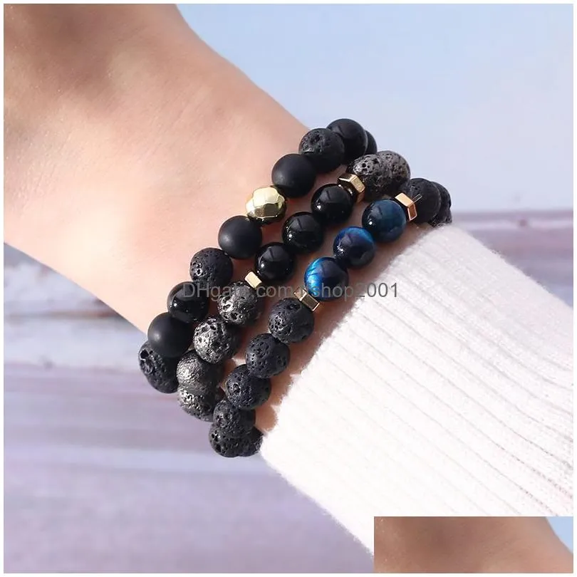 3pcs/set 8mm black lava volcanic stone glass beads bracelet for men tiger eye natural stone yoga bracelet healing prayer balance