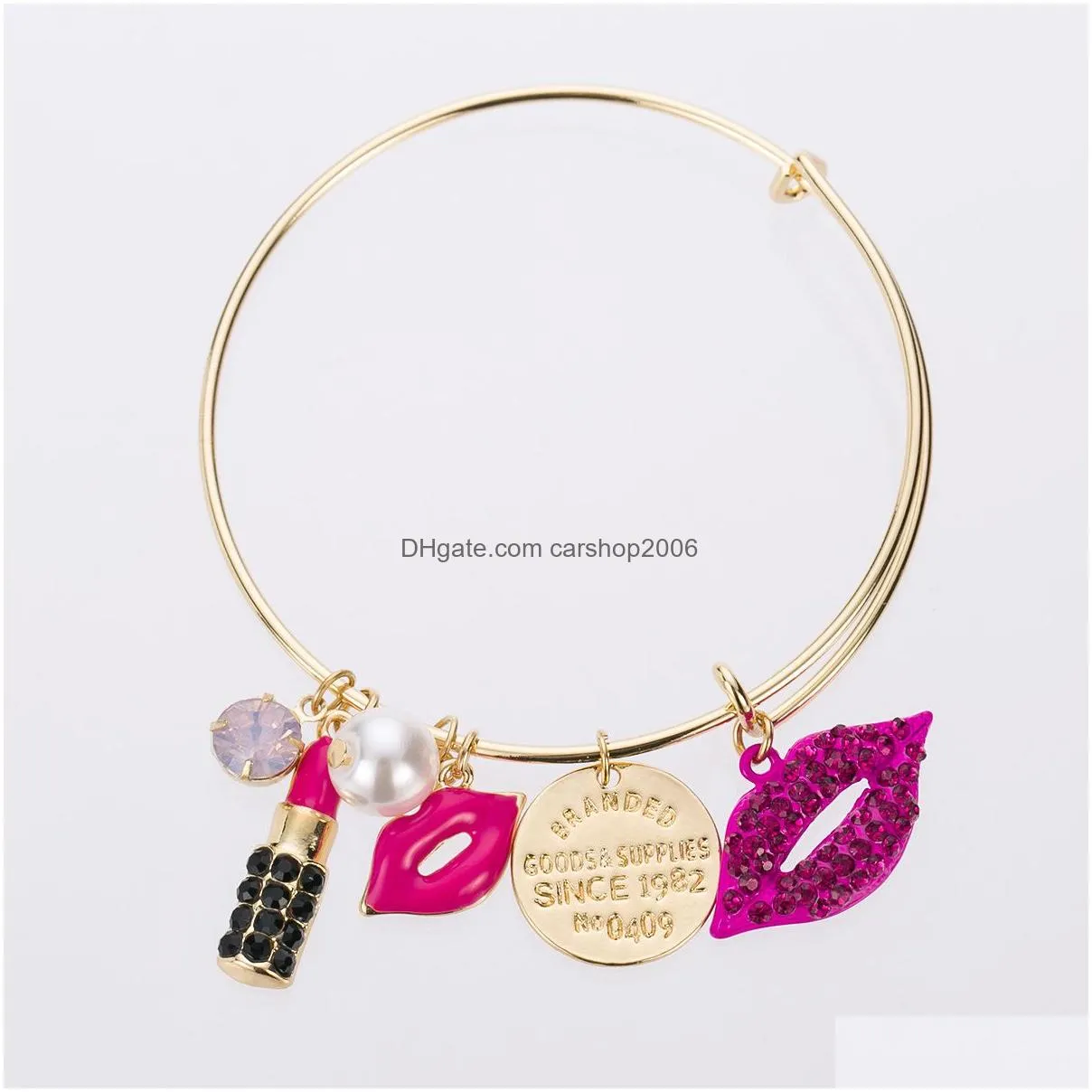 fashion lips lipstick cosmetic charm bangle bracelets diy charm expandable metal bangles bracelets girlfriends gifts
