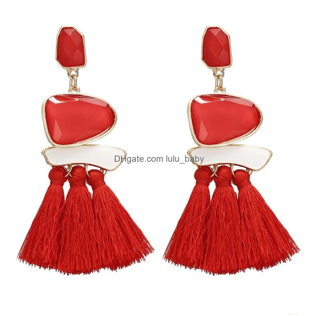 trendy long red tassel fringe drop earrings with crystal stone statement jewelry 6 colors charm tassel earrings for women accessory