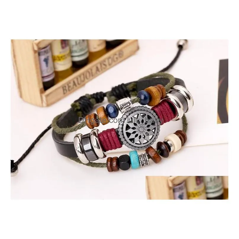 multilayer leather bracelet with sun charms and beads vintage punk style for men and women