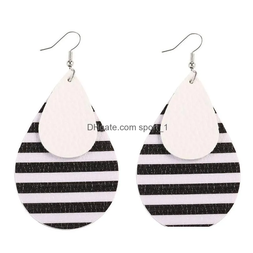 fashion women colorful pu leather earrings black and white stripes waterdrop double layer drop earring designer jewelry christmas gift