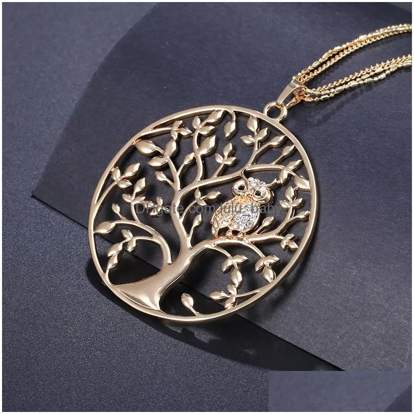 tree of life owl pendant necklace long hollow chain rose gold/silver color fashion jewelry gift for women