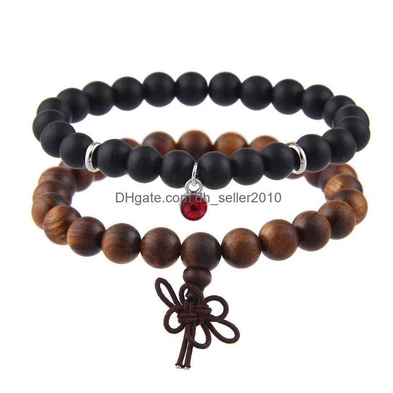 2pcs/set wooden beads bracelet charm birthstone 12 colors crystal pendant stainless steel 8mm black matte stone bracelet for women