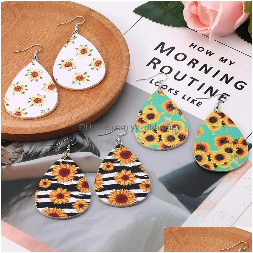 2020 fashion women pu leather earrings sunflower print pattern faux leather dangle earring for girls bohemian daisy party jewelry
