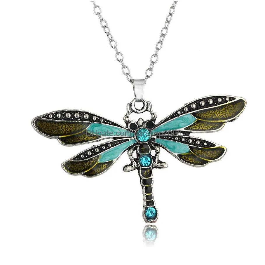 dragonfly pendant necklace vintage ribbon cord purple red green crystal bead jewelry for women girls