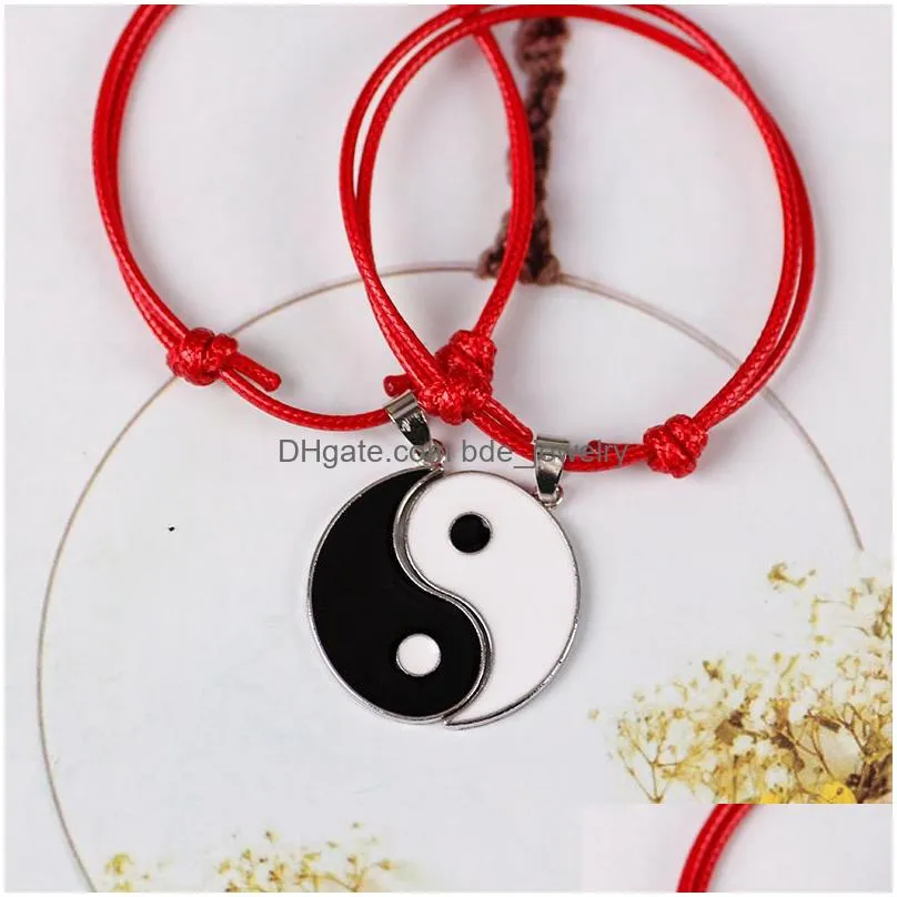 2 pcs/lot vintage adjustable rope couple bracelet hand jewelry yin yang charms bracelets black white red handmade jewelry