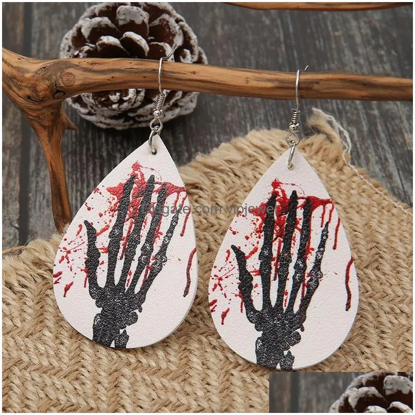 halloween palm earring charm retro hand palm blood drop printed leather earrings for women party jewelry