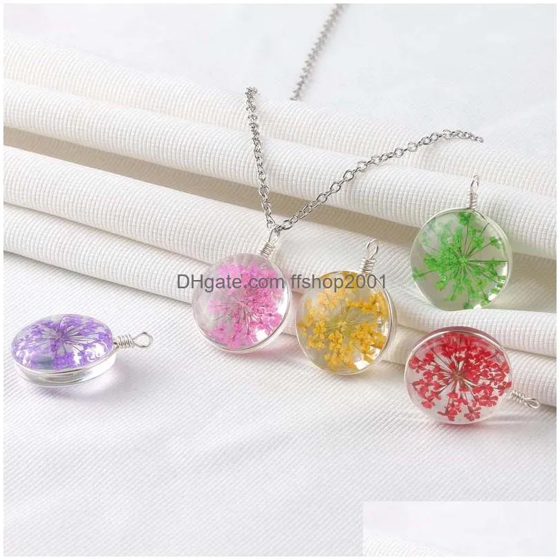 2021 dried flower necklace for women gifts fashion clear glass ball charms round pendant necklaces link chain cute jewelry