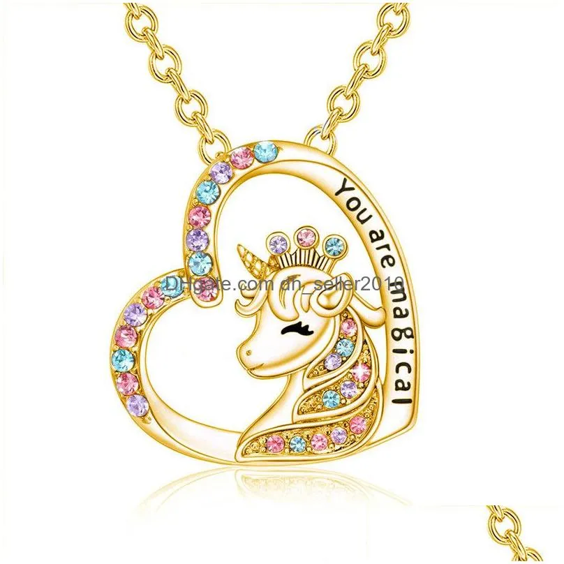 unicorn pendant necklace cute lucky heart crystal birthstone horse necklaces you are magical jewelry birthday gift girls