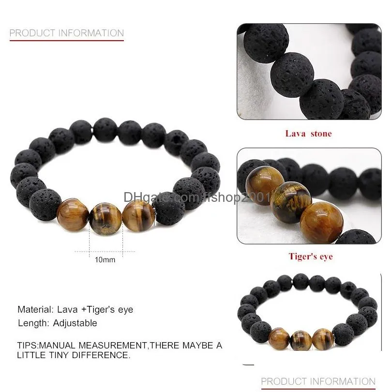 trendy 10mm black lava stone bracelets chakra healing balance yoga beads bracelet for women stretch tiger eye stone charms jewelry