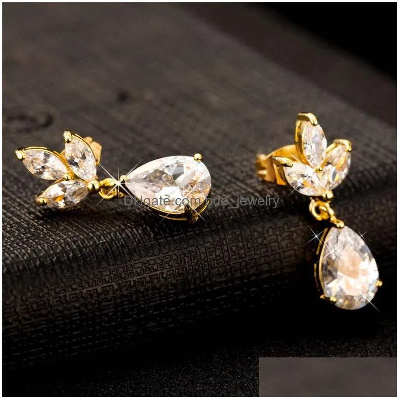 womens cubic zirconia bridal earring elegant gold plated teardrop floral leaf cz dangle earrings crystal rhinestone wedding earring