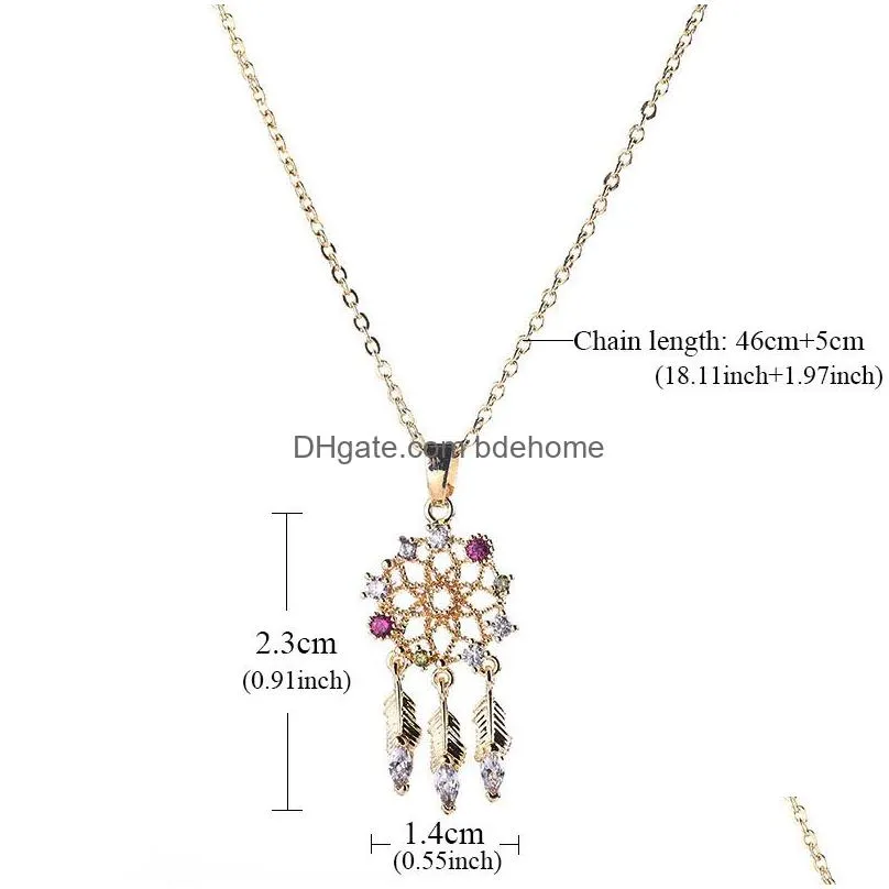 fashion dream catcher pendant necklace for women lady high quality colorful zircon feather charm necklace jewelry 2019