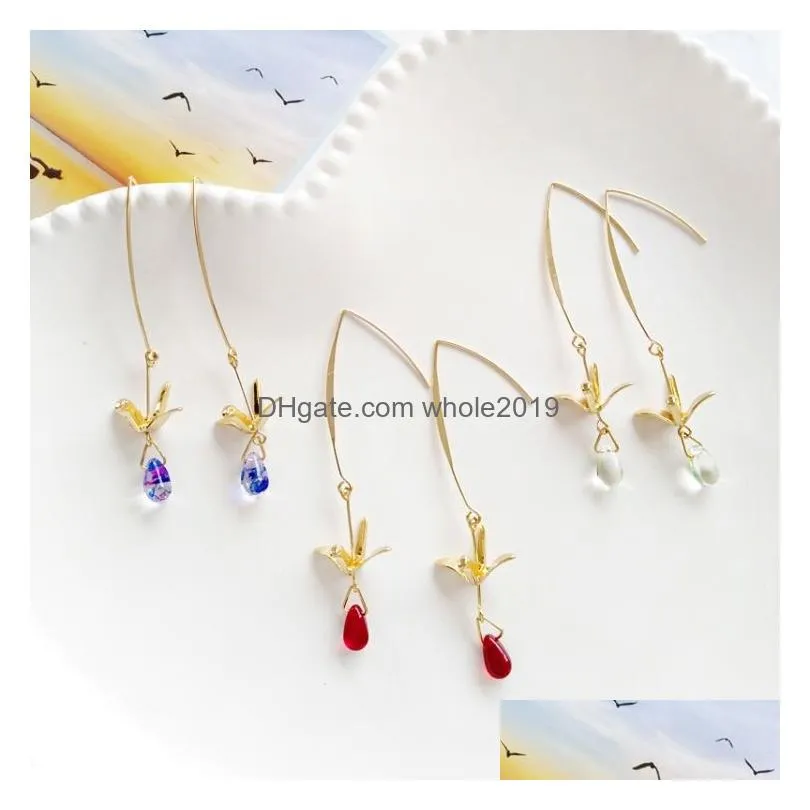 handmade crystal earrings little bird blue water drop long dangle earring with paper crane charm 2019 korean fashion wholesale