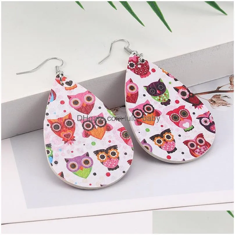  est animal cat dog owl printig pu leather earrings for women leather dangle drop earrings waterdrop earing party designer jewelry