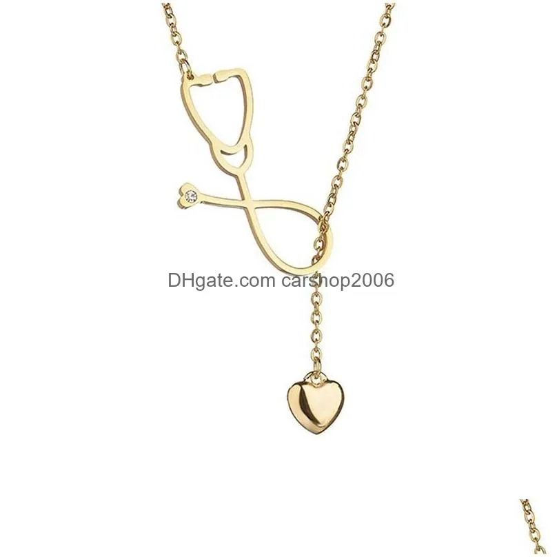 stainless steel stethoscope necklace fashion medical jewelry alloy i love you heart pendant necklace for women