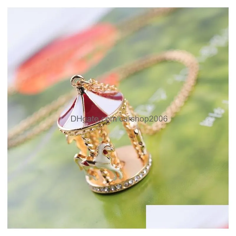 carousel horse pendant necklaces fashion gold chain necklace women crystal sweater jewelry accessories