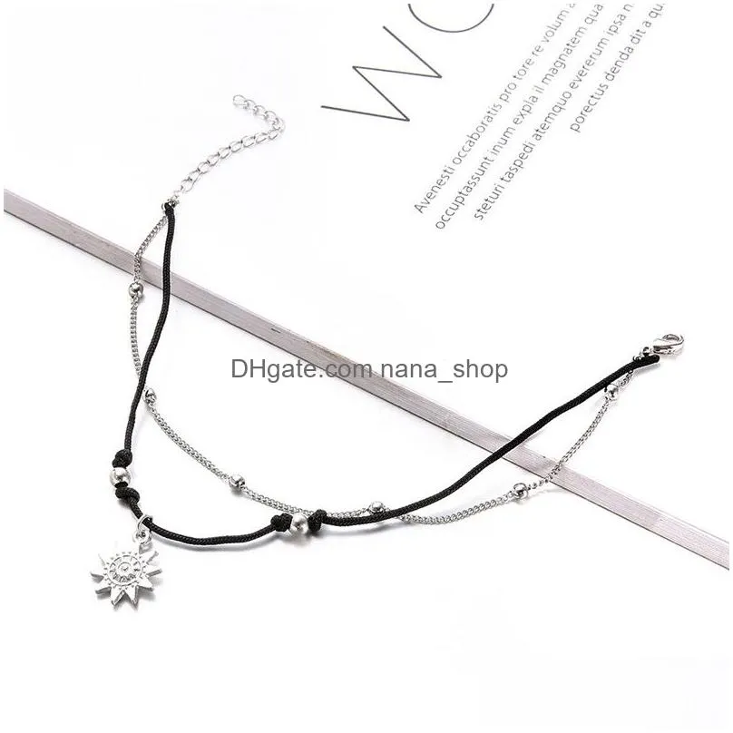fashion bohemia sun pendant charm beads anklet bracelet for women double layer rope anklet in the summer barefoot anklet beach jewelry