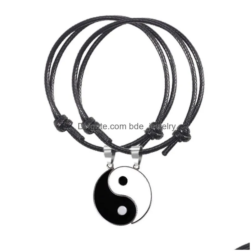 2 pcs/lot vintage adjustable rope couple bracelet hand jewelry yin yang charms bracelets black white red handmade jewelry