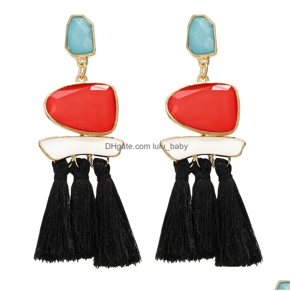 trendy long red tassel fringe drop earrings with crystal stone statement jewelry 6 colors charm tassel earrings for women accessory