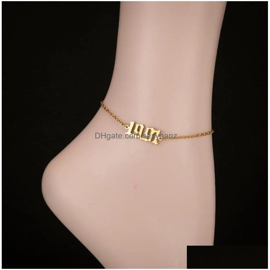 birth year ankle leg chain bracelet jewelry personalize stainless steel gold custom number anklet friendship gifts