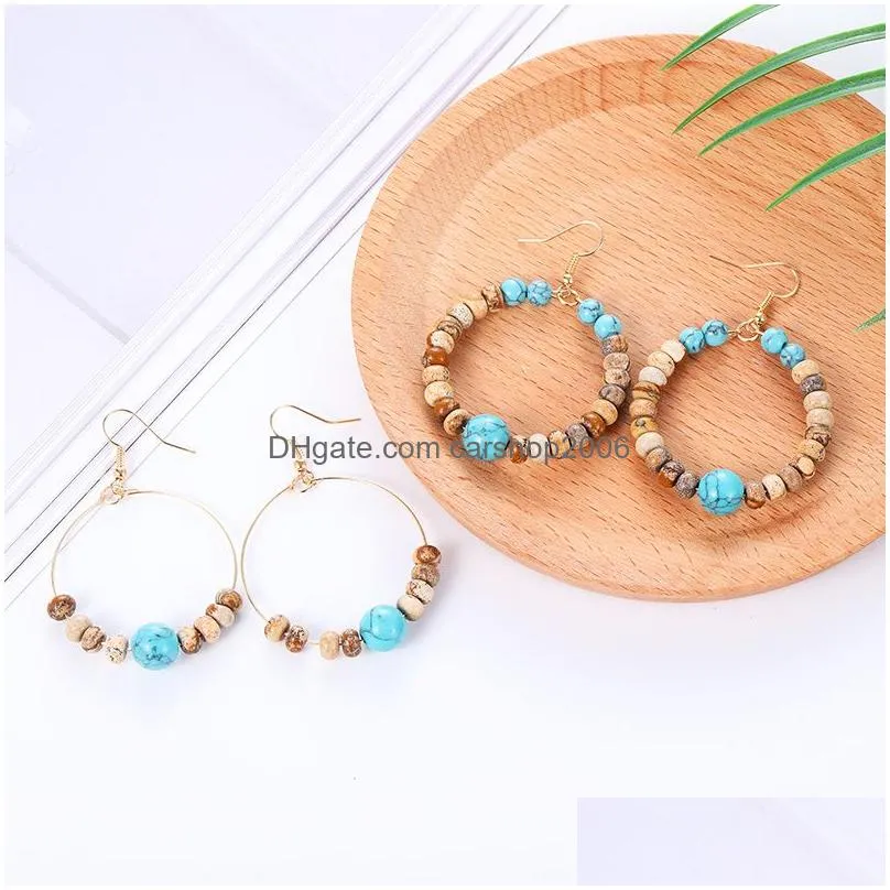 natural stone beads round wrapped hoop earrings for women fashion gold color circle creole earring boho ear jewelry gifts