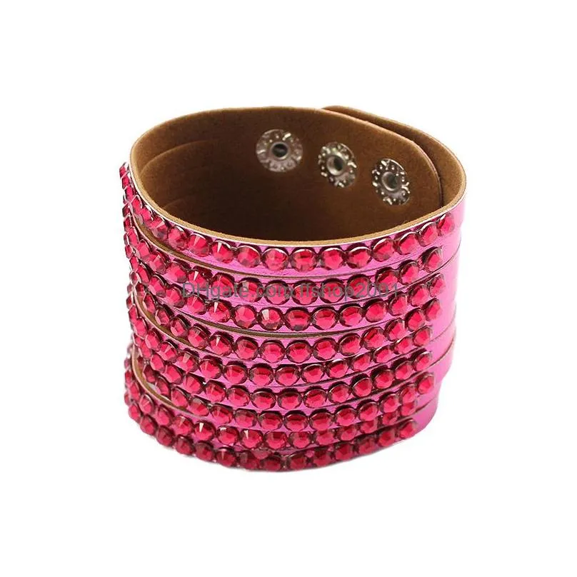 fashion casual personalized rhinestone wide leather bracelets bangles wrap adjustable bracelet wristbands for women snap button