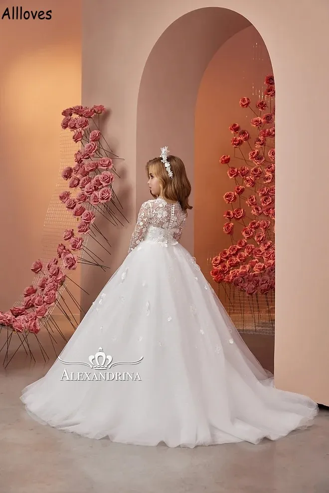 Adorable 3D Handmade Flowers Princess Ball Gown Kids Birthday First Communion Dresses Long Sleeves Lace Tulle A Line Flower Girl Wedding Long Formal Dress CL2416
